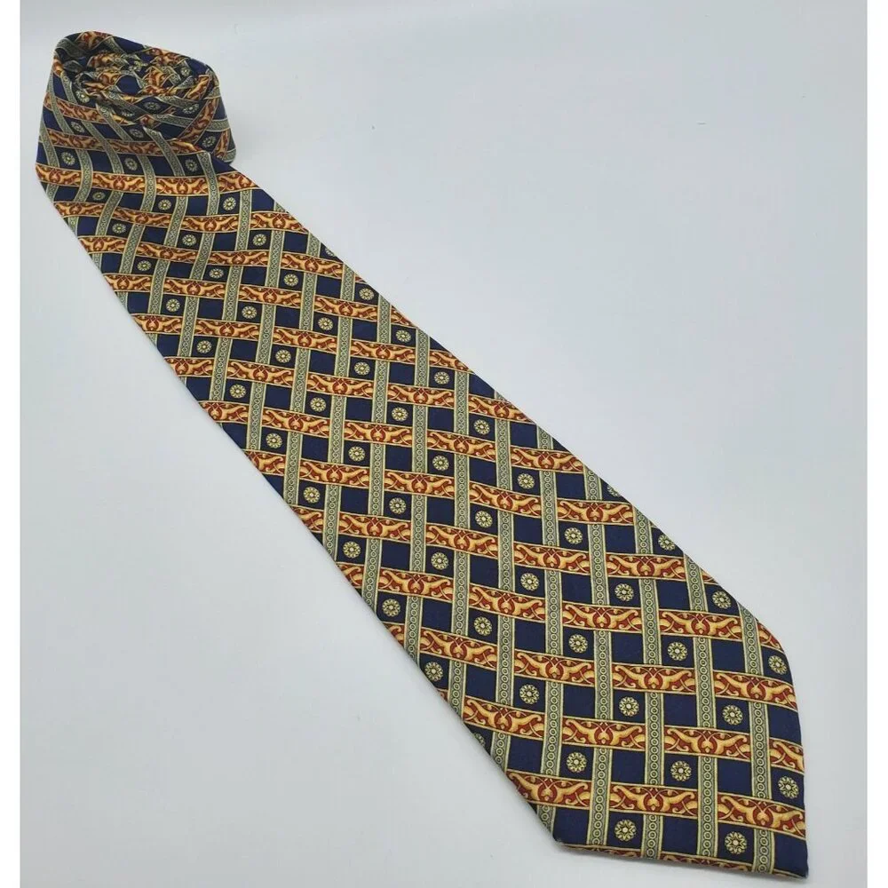 Pace‎ Tie 100% Silk Yellow Blue Red 1990s Vintage Classic Colorful Necktie